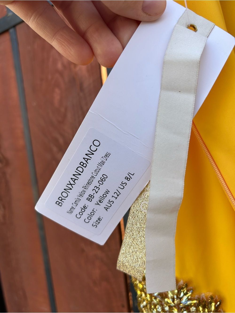 NWT BRONX AND BANCO Camila Yellow Rhinestone Cutout Maxi Dress size large/8US - Picture 7 of 14